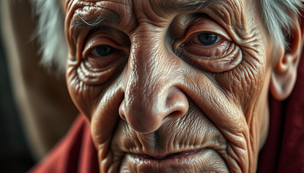 A close-up portrait of an elderly person's face, with prominent wrinkles, age spots, and sagging skin, illuminated by soft, diffused lighting that accentuates the textures and details. The subject's expression is serene, yet the lines on their face tell a story of a life well-lived. The background is blurred, keeping the focus on the weathered features that signify the natural progression of time. The image conveys a sense of wisdom, experience, and the inevitable process of aging with dignity.