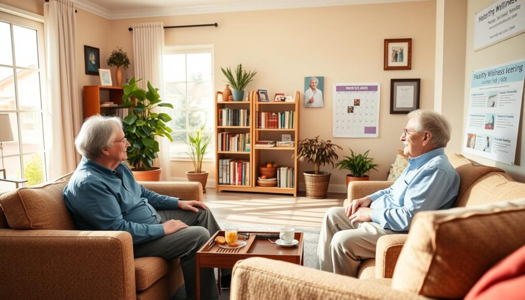 A cozy living room in a senior living community, bathed in warm, natural light from large windows. In the foreground, an elderly couple sitting comfortably on a plush sofa, engaged in a lively conversation. On the coffee table, a tray with tea and healthy snacks. In the middle ground, a bookshelf filled with medical references and self-help books on healthy aging. The background features potted plants, framed artwork, and a calendar highlighting upcoming wellness events. An atmosphere of tranquility, care, and active engagement with one's health and well-being.