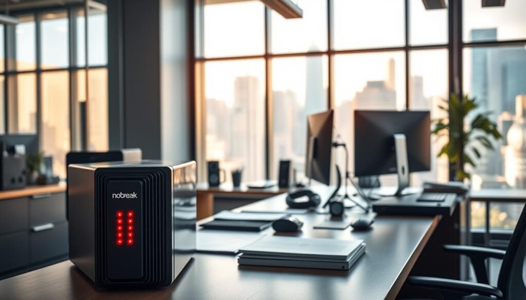 A modern office interior with a large desk, desktop computer, and various electronic devices. The foreground features a prominent uninterruptible power supply (UPS) or "nobreak" device, its sleek design and bright LED indicators indicating its importance in the setup. The middle ground shows the desk accessories and paperwork, conveying a professional and organized work environment. The background depicts large windows overlooking a bustling city skyline, bathed in warm, natural lighting that fills the room. The overall atmosphere is one of productivity, security, and technological sophistication, reflecting the benefits of a reliable power backup system in an enterprise setting.
