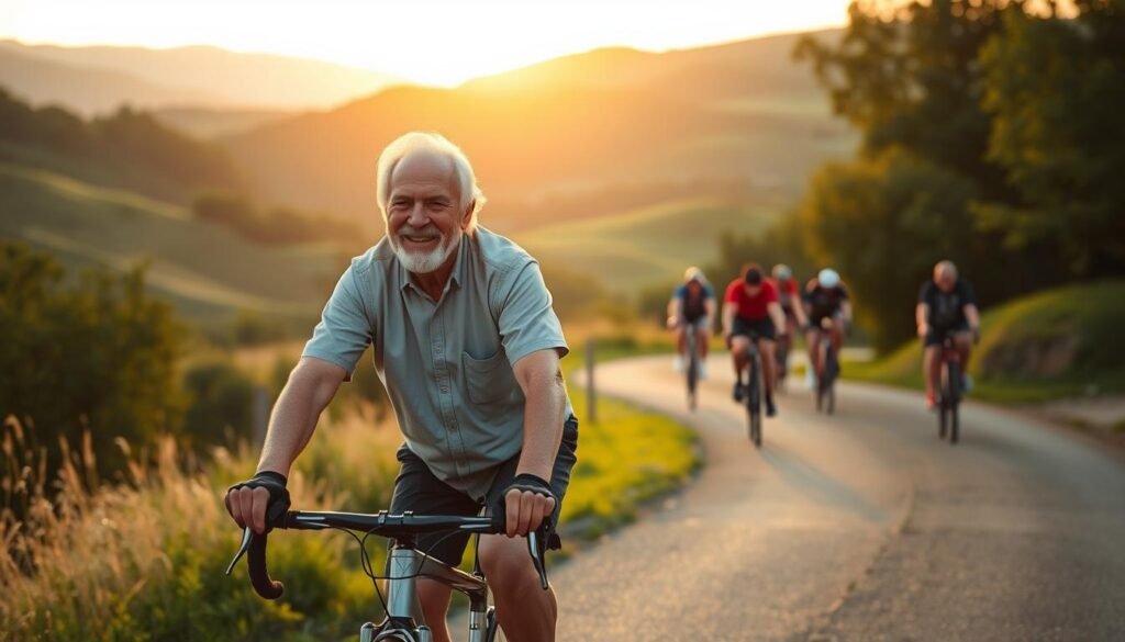 A serene outdoor scene, captured through the lens of a telephoto camera. In the foreground, an elderly cyclist pedals effortlessly along a winding path, their face radiating a sense of joy and vitality. The middle ground showcases rolling hills and lush greenery, bathed in the warm glow of a golden hour sunset. In the distance, a group of cyclists of varying ages ride together, embodying the camaraderie and longevity of the sport. The overall atmosphere conveys a harmonious blend of physical activity, natural beauty, and the enduring spirit of those who have embraced the joys of cycling well into their later years.