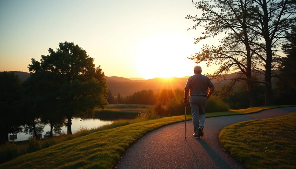 A serene outdoor scene capturing the power of walking for longevity. In the foreground, an elderly person strolls along a winding path, their stride confident and purposeful. The middle ground features lush, verdant trees and a tranquil pond, reflecting the peaceful ambiance. The background showcases rolling hills and a warm, golden sunset, bathing the scene in a soft, glowing light. The overall atmosphere conveys a sense of harmony, vitality, and the timeless benefits of regular, moderate exercise. Captured with a wide-angle lens to emphasize the expansive, calming environment, this image embodies the essence of walking as a pillar of healthy aging.