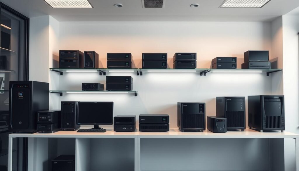 A sleek, modern office interior with a variety of uninterruptible power supply (UPS) devices prominently displayed on desks and shelves. The UPS units come in different sizes and designs, showcasing the diverse range of options available in the Brazilian market. Soft, indirect lighting illuminates the scene, creating a professional and well-organized atmosphere. The UPS devices are the focal point, arranged in a visually appealing manner to highlight their features and capabilities. The background is clean and minimalist, allowing the UPS units to take center stage and demonstrate their importance in protecting valuable equipment.