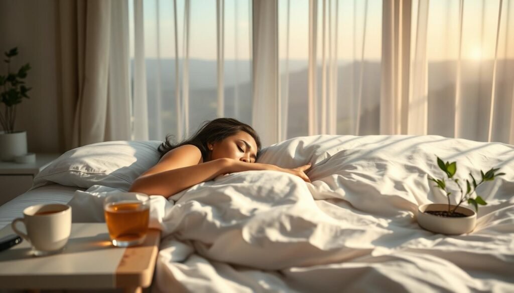 A tranquil bedroom scene at dawn, soft natural light filtering through sheer curtains. In the foreground, a peaceful figure rests on crisp white sheets, eyes closed in deep, restorative sleep. Surrounding them, subtle details evoke the importance of healthy sleep habits - a bedside table with a calming herbal tea, a sleep tracker monitoring vital signs, and a small plant symbolizing the growth that comes from quality rest. The middle ground reveals a serene landscape beyond the window, rolling hills and a distant forest, creating a sense of balance and harmony. This image conveys the crucial role of sleep in cultivating a healthy, active mind, reflecting the article's focus on maintaining mental wellbeing in the digital age.