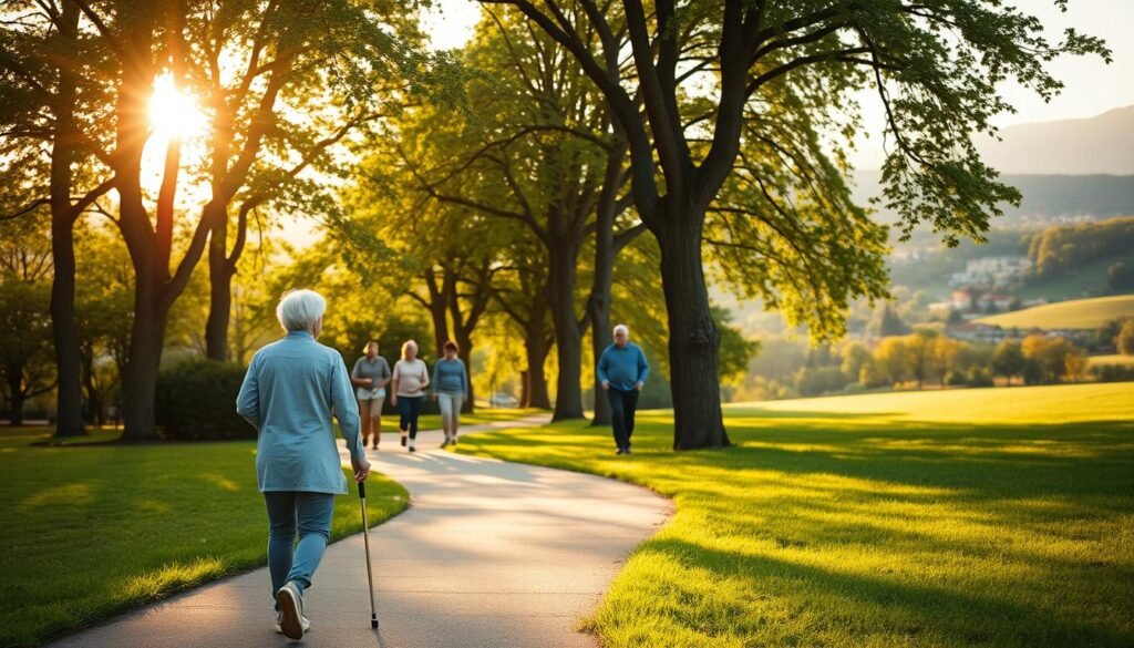 A tranquil morning scene in a lush, verdant park. In the foreground, a person takes leisurely steps along a winding path, their stride radiating vitality and purpose. Sunlight filters gently through the canopy of trees, casting a warm, golden glow over the serene landscape. In the middle ground, other walkers of varying ages move at a relaxed pace, their faces reflecting a sense of calm and contentment. In the background, rolling hills and distant buildings create a sense of depth and tranquility. The overall atmosphere conveys the power of daily walking to promote longevity and well-being.