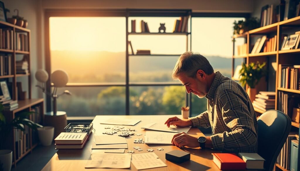 A vibrant and engaging scene depicting "Exercícios cognitivos diários" for a healthy, active brain. In the foreground, a person sits at a desk, deep in concentration as they complete various puzzles, brain teasers, and memory exercises. The lighting is warm and natural, casting a soft glow over the scene. In the middle ground, shelves are filled with books, educational materials, and other tools for cognitive training. The background features a serene, calming landscape, perhaps a garden or a peaceful indoor setting, suggesting the importance of balance and relaxation for optimal brain health. The overall mood is one of focus, discovery, and the pursuit of lifelong learning.