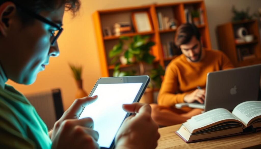 A vibrant, digitally-enhanced scene depicting a range of cognitive activities. In the foreground, a person engages with a tablet, their face illuminated by the screen's glow. In the middle ground, another individual types intently on a laptop, deep in thought. The background showcases a bookshelf, a potted plant, and an open notebook, representing the diverse elements of an active, intellectually stimulating environment. Warm, diffused lighting casts a soft, contemplative atmosphere, while the composition emphasizes the harmonious integration of technology and traditional cognitive pursuits. The scene conveys a sense of focus, productivity, and the seamless merging of the digital and analog realms.