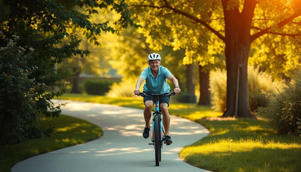 A vibrant outdoor scene featuring a mature adult cycling on a well-maintained bicycle path. The rider, dressed in athletic gear, navigates the winding route with ease, showcasing their mobility and independence. The path is flanked by lush greenery, creating a serene and rejuvenating environment. Warm, diffused sunlight filters through the leaves, casting a soft glow on the scene. The composition emphasizes the rider's confident and engaged posture, highlighting the physical and mental benefits of cycling for individuals over 50. The image conveys a sense of freedom, wellness, and the joy of embracing an active lifestyle.