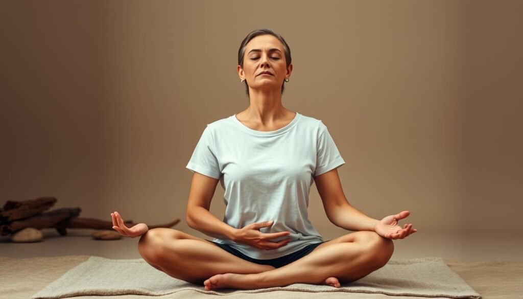 An introspective portrait of a person in deep meditation, surrounded by a serene, minimalist environment. The subject sits cross-legged, eyes closed, and palms resting gently on their lap, exuding a sense of calm and inner focus. The lighting is soft and diffused, casting a warm, contemplative glow. The background is a muted, earthy palette, with hints of natural elements like smooth stones or driftwood, conveying a connection to the natural world and a sense of grounding. The overall mood is one of mindfulness, tranquility, and the balanced management of stress, reflecting the idea of an "active brain, healthy mind" and protection against premature aging.