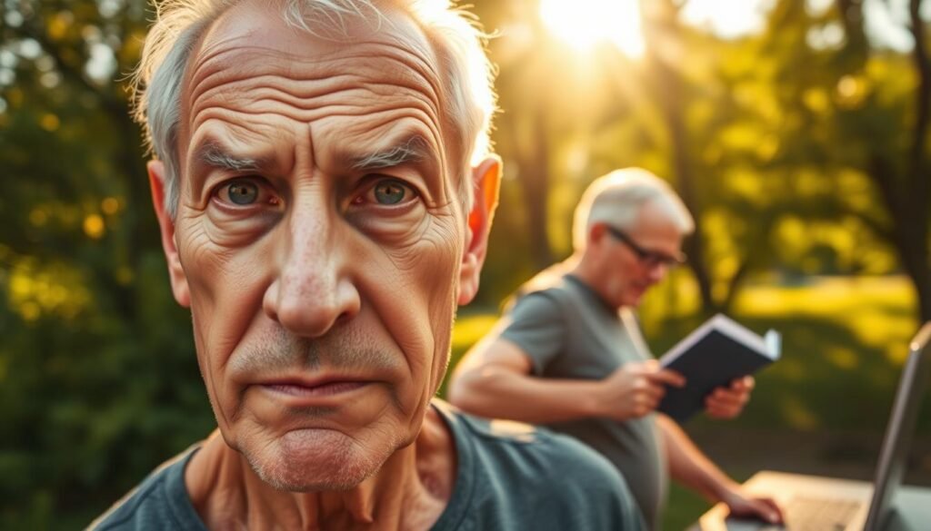 A busy, productive brain in a thriving, active older adult body. In the foreground, a closeup of a mature, focused face with piercing eyes and a determined expression. The middle ground features a person energetically engaged in physical and cognitive activities - exercising, reading, or working on a computer. The background depicts a lush, verdant natural setting with sunlight filtering through the trees, conveying a sense of vitality, wellness, and longevity. Warm, golden lighting illuminates the scene, creating a tranquil, uplifting atmosphere. Crisp, high-resolution details throughout, captured with a wide-angle lens to emphasize the harmonious integration of mind and body.