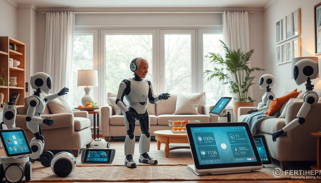 A cozy living room filled with an array of robotic assistants designed for the elderly. In the foreground, an elderly person interacts with a sleek, humanoid robot, its expressive face conveying warmth and empathy. Surrounding them, robotic helpers attend to daily tasks - a rolling robot carrying a tray of meals, an articulated arm adjusting the lighting, and a compact device monitoring vital signs. The midground showcases an array of intuitive tablet interfaces, displaying health data and smart home controls. In the background, large windows bathe the scene in soft, natural light, creating a tranquil, inviting atmosphere. The overall impression is one of technological integration seamlessly enhancing the quality of life for the aging population.
