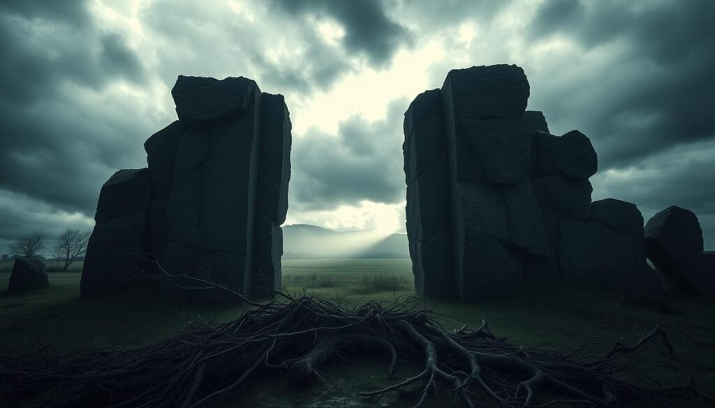 A dark, ominous landscape with towering, jagged barriers obstructing the path to a serene, sun-lit meadow beyond. Thick, heavy clouds cast an oppressive shadow, while tendrils of shadowy mist creep along the ground, obscuring the way forward. The barriers, rough-hewn from weathered stone, rise up in a disjointed, angular formation, their sharp edges and uneven surfaces creating a sense of unease and difficulty. In the foreground, tangled vines and gnarled roots cling to the base of the barriers, adding to the sense of confinement and obstruction. The overall mood is one of challenge, constraint, and the struggle to overcome inner obstacles to reach a place of peace and positivity.