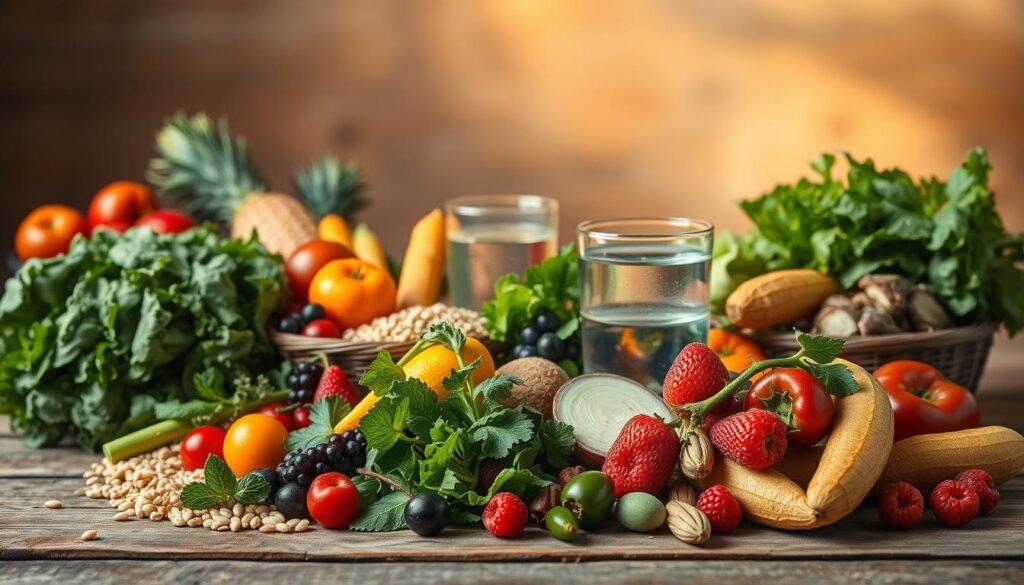 A delicately balanced, vibrant still life composition showcasing a variety of fresh, whole foods that represent a healthy, balanced diet. In the foreground, an assortment of colorful fruits and vegetables, such as crisp leafy greens, juicy berries, and crunchy vegetables, are artfully arranged on a rustic wooden table. The middle ground features whole grains, legumes, and a glass of clear, refreshing water, symbolizing the importance of a well-rounded nutritional intake. The background is softly lit, casting a warm, natural glow over the scene, conveying a sense of tranquility and vitality. The overall scene exudes a feeling of nourishment, longevity, and a harmonious lifestyle.