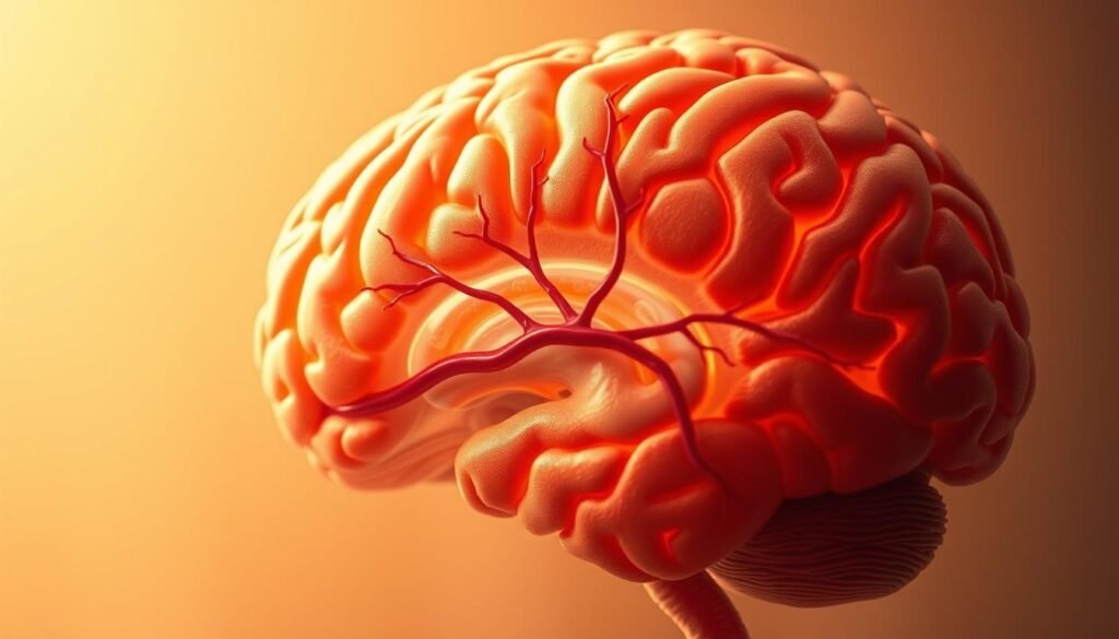 A detailed cross-section of a human brain, with a focus on the intricate vascular network responsible for hydration and oxygenation. The brain is rendered in vivid detail, with a warm, inviting color palette that conveys its essential role in overall health and well-being. The foreground highlights the delicate capillaries and arteries, showcasing the intricate dance of fluid and nutrient exchange. The middle ground reveals the brain's intricate folds and structures, while the background suggests a serene, contemplative atmosphere, emphasizing the importance of proper hydration for optimal cognitive function. Subtle lighting from multiple angles accentuates the depth and complexity of this vital organ. The overall impression is one of scientific precision and the profound significance of cerebral hydration.