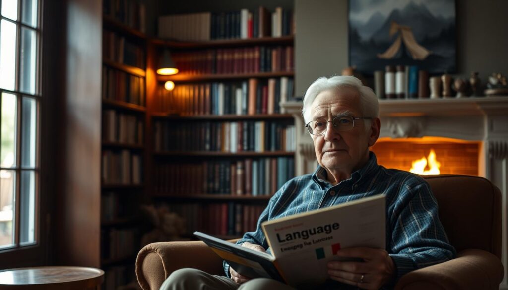 A dimly lit study room, with bookshelves lining the walls and a cozy fireplace casting a warm glow. In the foreground, an elderly person sits comfortably in a plush armchair, a language textbook open on their lap. Their gaze is focused, their expression one of contemplation and determination. Soft, natural lighting filters in from a window, illuminating the scene and creating a sense of calm introspection. The room exudes a sense of intellectual curiosity and a desire to learn, perfectly capturing the essence of an older adult embarking on the journey of learning a new language.