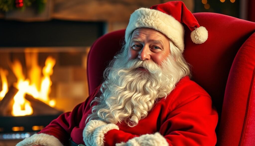 A jolly, elderly gentleman with a long, flowing white beard and a warm, rosy complexion sits comfortably in a plush, red velvet armchair. His eyes twinkle with wisdom and kindness, and his expression radiates a sense of timeless tradition. He wears a vibrant red coat, trimmed with soft, white fur, and a matching hat perched atop his head. The scene is illuminated by a warm, golden light, creating a cozy, inviting atmosphere. In the background, a fireplace crackles, casting a gentle glow and heightening the sense of comfort and tradition. This is the true, authentic representation of the beloved "Papai Noel" (Santa Claus), embodying the spirit of the holiday season with his unwavering commitment to joy, generosity, and the timeless values that have defined this iconic figure for generations.