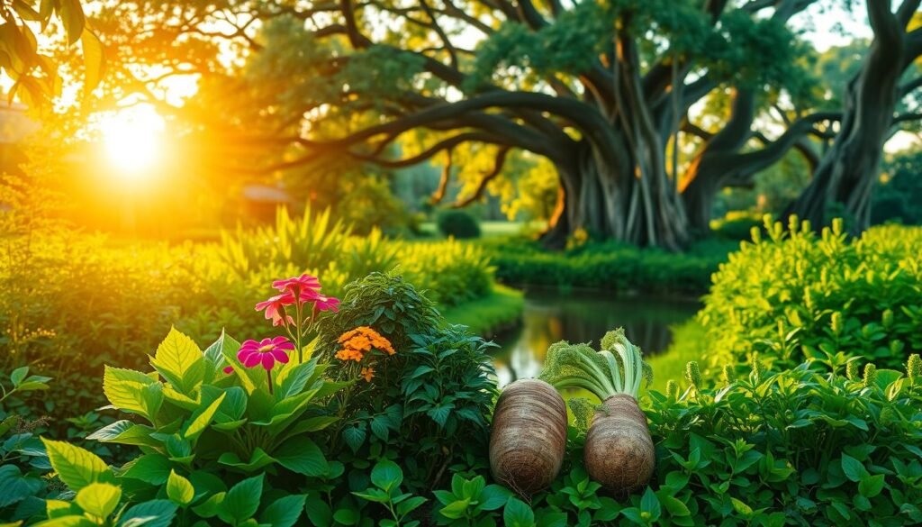 A lush, verdant garden scene illuminated by warm, golden sunlight. In the foreground, a vibrant arrangement of healthy, thriving plants representing the "pillars of health" - a flourishing green leafy plant, a vibrant flowering shrub, and a robust, earthy root vegetable. The middle ground features a tranquil, meandering river or stream, its waters reflecting the surrounding foliage. In the background, a towering canopy of ancient, majestic trees sets the scene, conveying a sense of timelessness and natural balance. The overall composition evokes a serene, restorative atmosphere, symbolizing the "Saude na raiz" philosophy of holistic, nature-inspired wellness.
