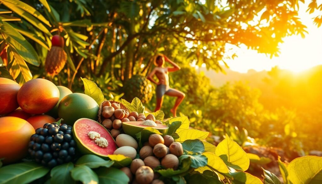 A lush, vibrant Amazonian landscape bathed in warm, golden sunlight. In the foreground, an array of fresh, vibrant fruits and vegetables - mangoes, açaí berries, Brazil nuts, and leafy greens - symbolizing the natural bounty of the region. In the middle ground, a slim, athletic figure performs a gentle yoga pose, embodying the harmony between the body and the natural world. In the background, the dense, verdant foliage of the rainforest canopy, conveying a sense of tranquility and balance. The overall atmosphere is one of serenity, health, and the restorative power of natural living.