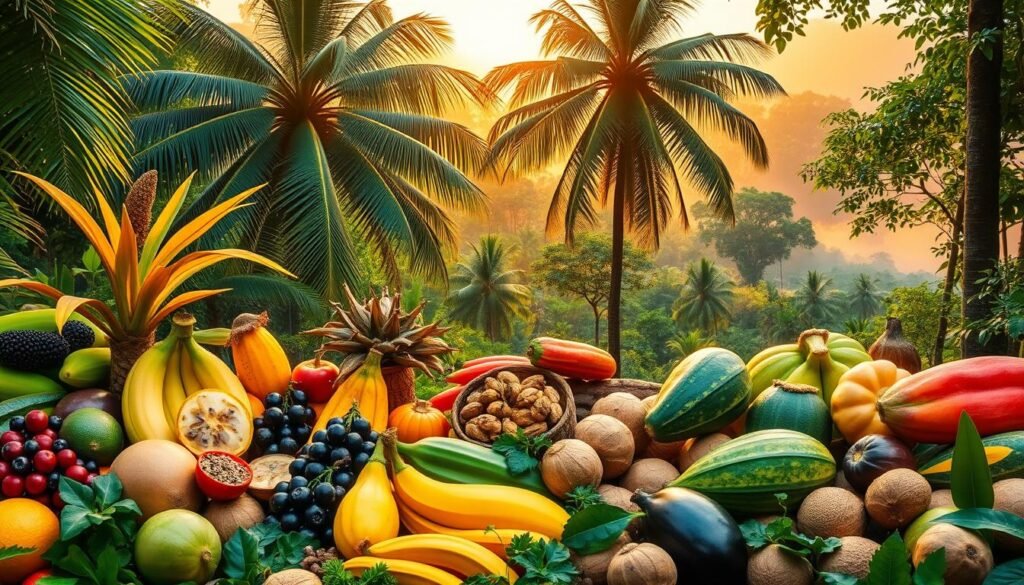 A lush, vibrant scene of Amazonian superfoods set against a backdrop of the rainforest. In the foreground, an assortment of vibrant, exotic fruits and vegetables are arranged artfully - acai berries, camu camu, cupuaçu, Brazil nuts, and more. The middle ground features towering palm trees and verdant foliage, dappled with warm, golden light filtering through the canopy. In the distance, a misty, mysterious rainforest landscape unfolds, hinting at the rich biodiversity of the Amazon. The overall tone is one of natural abundance, health, and wonder, inviting the viewer to explore the bounty of this remarkable region.