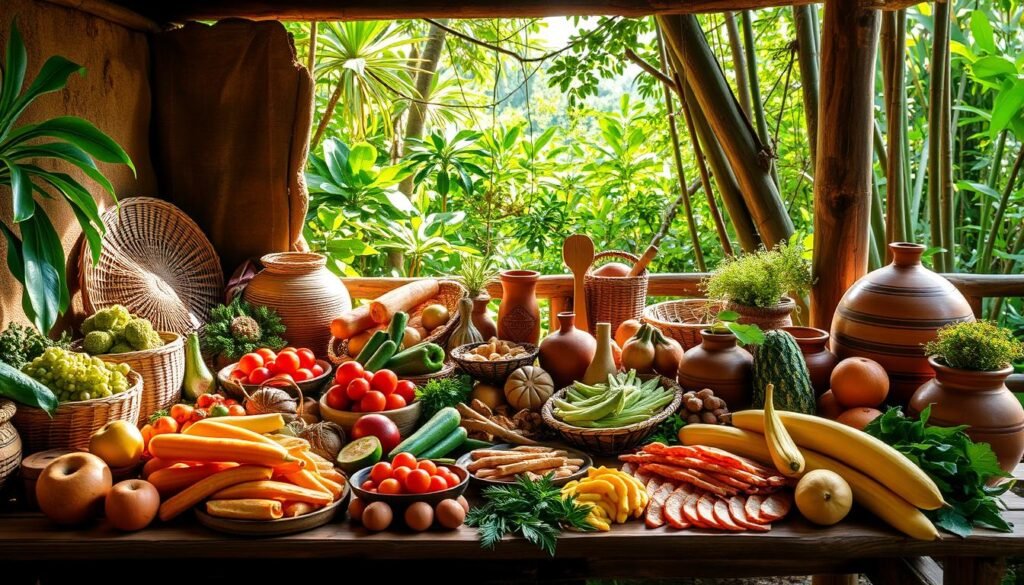 A lush, vibrant spread of Amazonian delicacies set against a rustic, earthy backdrop. In the foreground, an array of colorful fruits, vegetables, and regional specialties arranged artfully on a wooden table, illuminated by warm, natural lighting. The middle ground features traditional woven baskets, clay pots, and handcrafted utensils, hinting at the rich cultural heritage of the Amazon. In the background, a glimpse of the verdant rainforest canopy, with dappled sunlight filtering through the lush foliage, creating a serene, enchanting atmosphere. The overall composition evokes a sense of abundance, authenticity, and connection to the land, capturing the essence of the Amazonian culinary tradition.