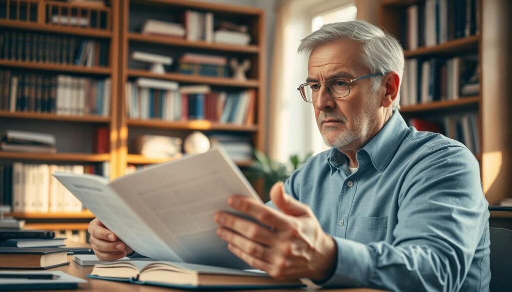 A mature man, late 50s, sits at a desk intently studying a language textbook. The study room is well-lit, with warm, natural light streaming in from a nearby window. In the background, a bookshelf filled with dictionaries and language-learning materials suggests a dedicated, lifelong pursuit of language acquisition. The man's expression is one of focused determination, his brow furrowed as he navigates the nuances of a new language, determined to overcome the perceived challenges of learning at his age. The overall atmosphere conveys a sense of intellectual curiosity and the empowering journey of acquiring a new linguistic skill later in life.