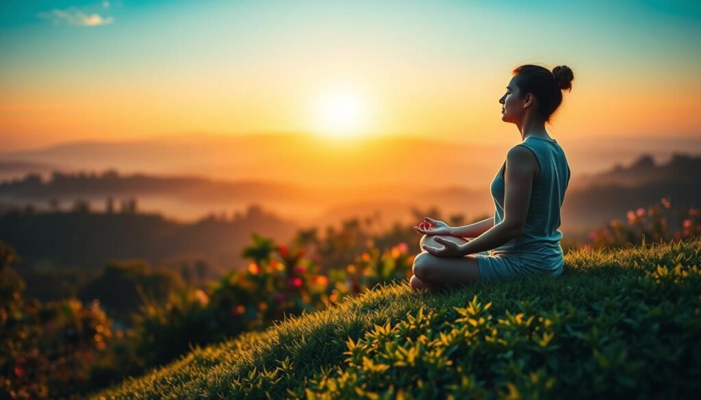 A serene, contemplative scene depicting the interplay between mental health and longevity. In the foreground, a person sits cross-legged on a lush, verdant hilltop, their eyes closed in deep meditation, radiating an aura of tranquility. The middle ground features a flourishing garden, with vibrant flowers and thriving vegetation, symbolizing the nourishing relationship between mental well-being and physical longevity. The background showcases a panoramic view of a peaceful, rolling landscape, bathed in warm, golden-hour lighting that casts a gentle, soothing glow over the entire scene. The overall atmosphere conveys a sense of balance, harmony, and the profound connection between the mind, body, and the natural world.