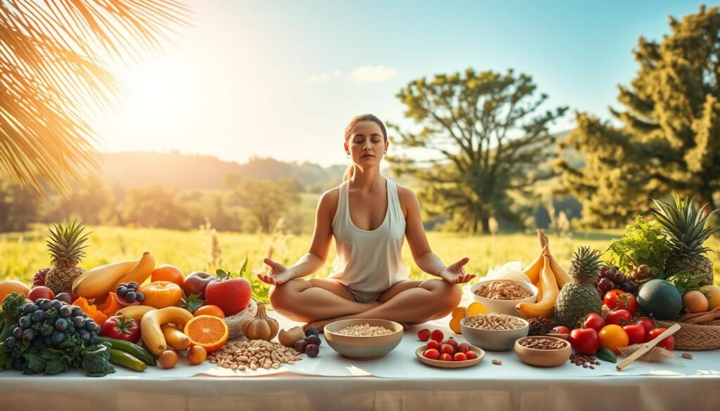 A serene, contemplative scene of a person meditating in a sun-drenched natural setting, surrounded by vibrant, nutrient-rich foods. In the foreground, a cross-legged figure in a lotus position, eyes closed, emanating a sense of focus and clarity. The middle ground features a table laden with a variety of fresh fruits, vegetables, whole grains, and other nourishing elements. In the background, a lush, verdant landscape with swaying trees and a calming, azure sky. Warm, diffused lighting bathes the scene, creating a sense of tranquility and inner peace. The overall atmosphere conveys the powerful connection between optimal nutrition and mental clarity.