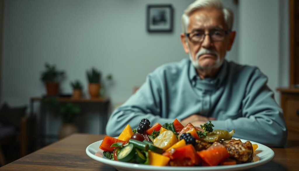 A serene, dimly lit interior scene of an elderly person's kitchen. In the foreground, a close-up view of a plate filled with a balanced, colorful meal, showcasing the nutritional aspects of senior cuisine. The elderly individual, dressed in comfortable attire, is seated at a wooden table, their face partially obscured by soft, directional lighting that emphasizes the subject's tranquil expression. The background features muted tones and subtle details, such as potted plants and simple decor, creating a warm, inviting atmosphere that conveys the importance of proper nutrition and its influence on the appearance and well-being of the senior. A serene, dimly lit interior scene of an elderly person's kitchen. In the foreground, a close-up view of a plate filled with a balanced, colorful meal, showcasing the nutritional aspects of senior cuisine. The elderly individual, dressed in comfortable attire, is seated at a wooden table, their face partially obscured by soft, directional lighting that emphasizes the subject's tranquil expression. The background features muted tones and subtle details, such as potted plants and simple decor, creating a warm, inviting atmosphere that conveys the importance of proper nutrition and its influence on the appearance and well-being of the senior.