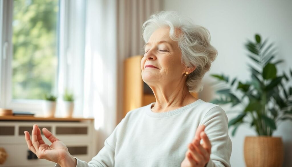 A serene elderly person practicing mindfulness, seated in a well-lit room filled with soothing natural elements. The subject's eyes are closed, their expression peaceful, as they engage in a calming meditation session. In the background, discreet technological devices, such as a smartwatch or tablet, suggest assistive tools that support their mental well-being. The overall scene conveys a sense of balance, tranquility, and the harmonious integration of technology and mindfulness practices for the elderly.