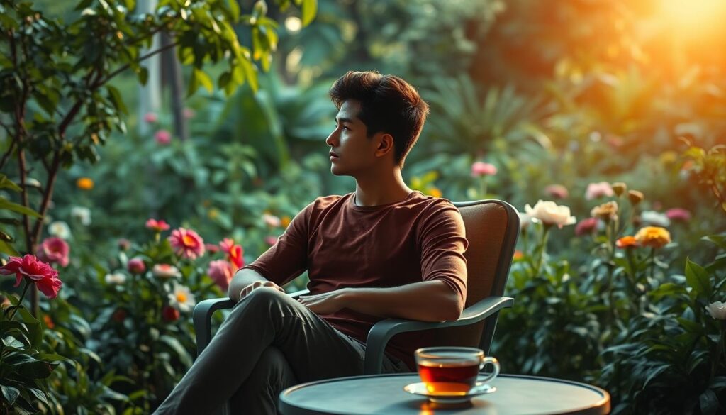 A serene garden oasis, filled with lush greenery and vibrant flowers, serves as the tranquil backdrop for a contemplative figure seated in a comfortable chair. Soft, diffused lighting casts a warm, soothing glow, creating an atmosphere of introspection and emotional well-being. The figure, gender-neutral, gazes thoughtfully into the distance, their expression conveying a sense of inner peace and mental clarity. In the foreground, a small table holds a cup of tea, symbolizing the importance of self-care and mindfulness in maintaining mental health. The overall scene evokes a sense of balance, harmony, and the rejuvenating power of nature, reflecting the concept of "longevidade e saúde mental".