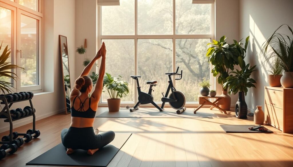 A serene home gym setting, bathed in warm natural light from large windows. In the foreground, a person performs stretches and core exercises on a yoga mat, their movements graceful and focused. The middle ground features various fitness equipment like free weights, resistance bands, and a stationary bike, neatly arranged. The background showcases a minimalist, plant-filled interior, creating a tranquil, wellness-oriented atmosphere. The scene conveys a sense of daily routine, balance, and dedication to physical well-being.