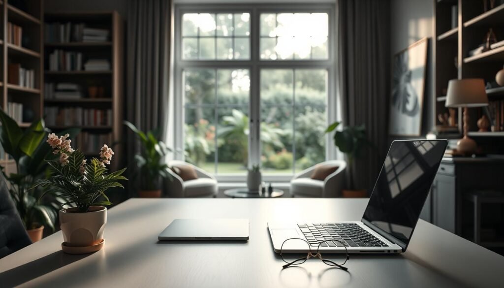 A serene home office scene with natural lighting and a minimalist design. In the foreground, a clean, uncluttered desk with a sleek laptop, a thoughtfully placed potted plant, and a pair of reading glasses. The middle ground features a large window overlooking a tranquil garden, letting in soft, diffused light. In the background, bookshelves and elegant decor evoke a sense of intellectual focus and mental clarity. The overall atmosphere conveys a harmonious balance between technology and nature, fostering a productive and calming environment for mental well-being.