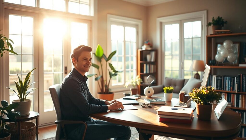 A serene home office setting, bathed in warm, natural lighting that streams through large windows. In the foreground, a person sitting at a neatly organized desk, deeply engaged in their work, a subtle smile of contentment on their face. The middle ground features tasteful decor - potted plants, a cozy armchair, and a bookshelf filled with volumes that suggest a diverse range of interests. The background depicts a tranquil outdoor scene, perhaps a lush garden or a calming landscape, hinting at a harmonious work-life balance. The overall atmosphere conveys a sense of personal fulfillment, productivity, and a high quality of life.