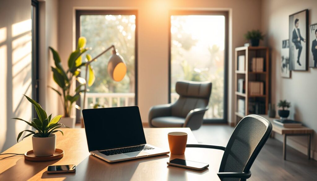 A serene home office setup, bathed in warm, natural lighting. In the foreground, a minimalist desk with a laptop, smartphone, and a potted plant - symbols of the harmonious blend of technology and nature. The middle ground features a comfortable armchair and a sleek, modern shelf displaying books and other personal touches, reflecting the harmony between work and personal life. The background showcases a large window overlooking a tranquil garden, creating a sense of balance and connection with the outside world. The overall atmosphere evokes a sense of focus, productivity, and well-being, capturing the essence of "tecnologia para equilíbrio trabalho-vida pessoal".
