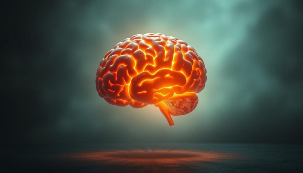 A serene, introspective scene of a human brain in deep contemplation. The brain is depicted as a glowing, ethereal entity suspended in a dimly lit, meditative environment. Soft, warm lighting emanates from within the brain, casting an introspective glow across the scene. The background is a hazy, abstract landscape suggesting a state of inner reflection and self-discovery. The composition emphasizes the centrality and importance of the brain as the seat of self-knowledge and personal growth. The overall mood is one of tranquility, focus, and the transformative power of self-awareness.