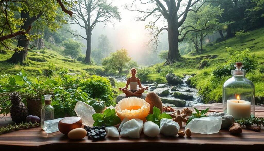 A serene, natural setting with a holistic, earth-toned palette. In the foreground, an array of fresh herbs, crystals, and wellness objects arranged harmoniously. In the middle ground, a person seated in a meditative pose, surrounded by floating energy lines and glowing aura. The background depicts a lush, verdant landscape with towering trees, a tranquil stream, and a soft, diffused lighting that creates a calming, otherworldly atmosphere. Subtle textures, muted colors, and a sense of balance and harmony convey the essence of natural therapies and holistic medicine.