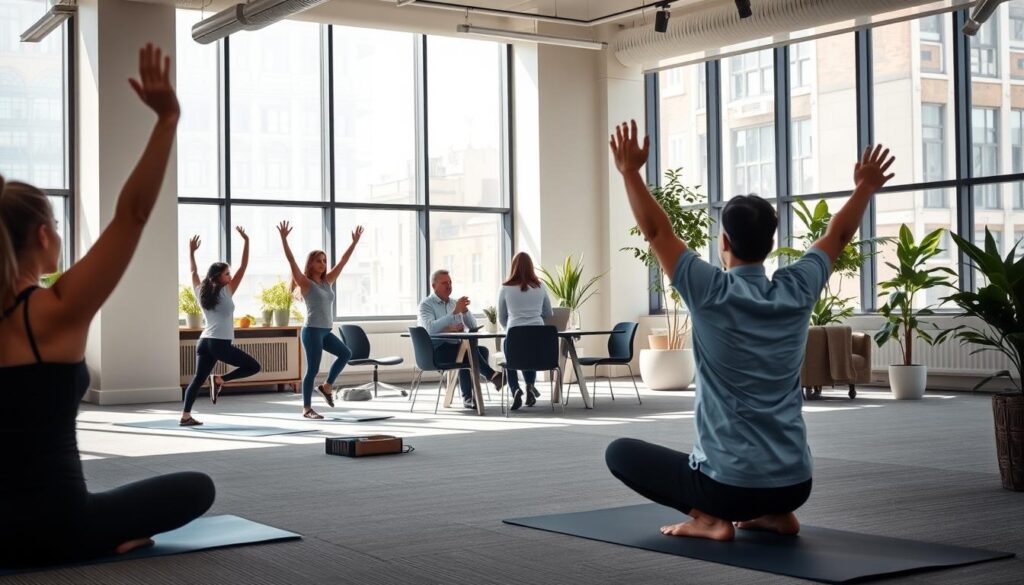 A serene office setting with natural light flooding through large windows, showcasing a group of employees engaged in various work-life balance activities. In the foreground, a yoga session is underway, with employees performing gentle poses. In the middle ground, a group gathers around a table, discussing strategies for time management and productivity. In the background, a relaxation area features comfortable furniture and plants, encouraging employees to take breaks and recharge. The overall atmosphere is one of harmony, balance, and a corporate culture that prioritizes the well-being and longevity of its workforce.