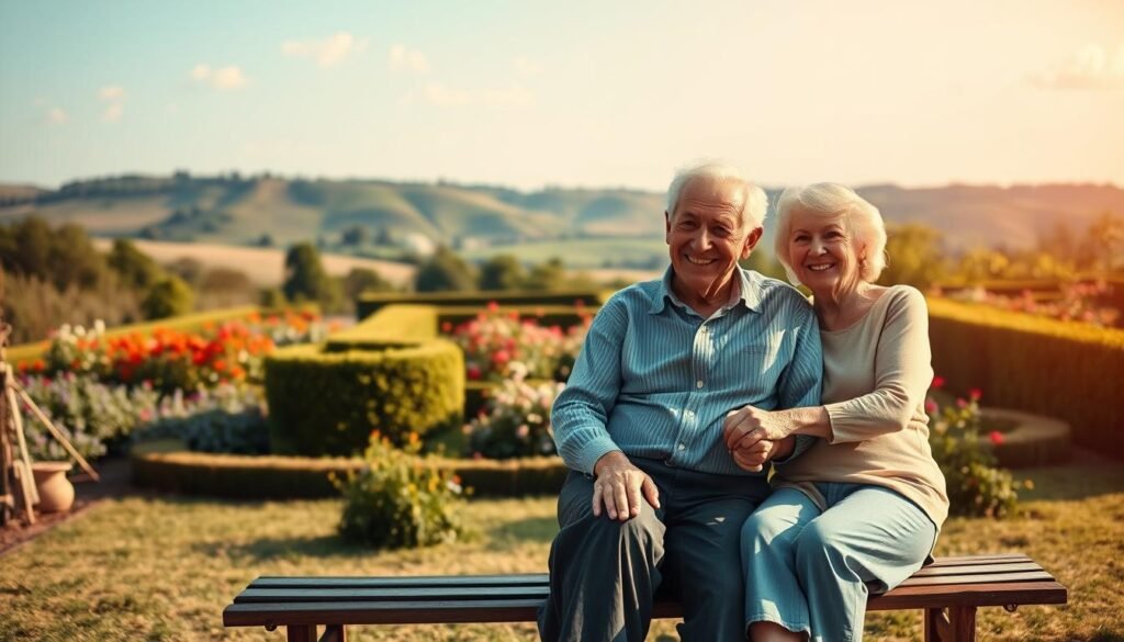 A serene outdoor scene of an elderly couple enjoying their golden years. In the foreground, the couple sits on a wooden bench, dressed casually and smiling contentedly. They hold hands, exuding a sense of companionship and intimacy. In the middle ground, a lush garden surrounds them, bursting with vibrant flowers and neatly trimmed hedges. The background features a picturesque landscape, with rolling hills and a cloudless blue sky. Warm, soft lighting filters through the scene, creating a peaceful, idyllic atmosphere. The overall impression is one of longevity, contentment, and a life well-lived, reflecting the joys of pursuing hobbies and interests in the third age.