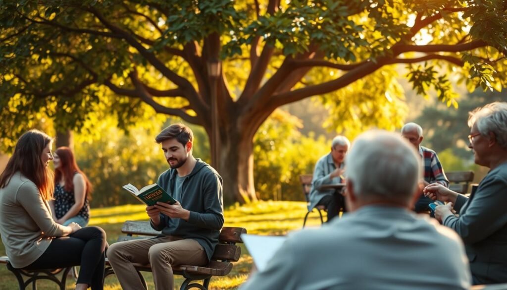 A serene outdoor scene with people engaged in various cognitive activities. In the foreground, a group of friends sitting on a park bench, deep in lively conversation. In the middle ground, a person reading a book under a shady tree, their face alight with contemplation. In the background, a group of elderly individuals playing a board game, their expressions animated with intellectual stimulation. The scene is bathed in warm, golden afternoon light, casting a peaceful ambiance. The environment is lush with verdant foliage, hinting at the restorative and rejuvenating powers of nature. An overarching sense of social connection, mental engagement, and emotional well-being permeates the image.