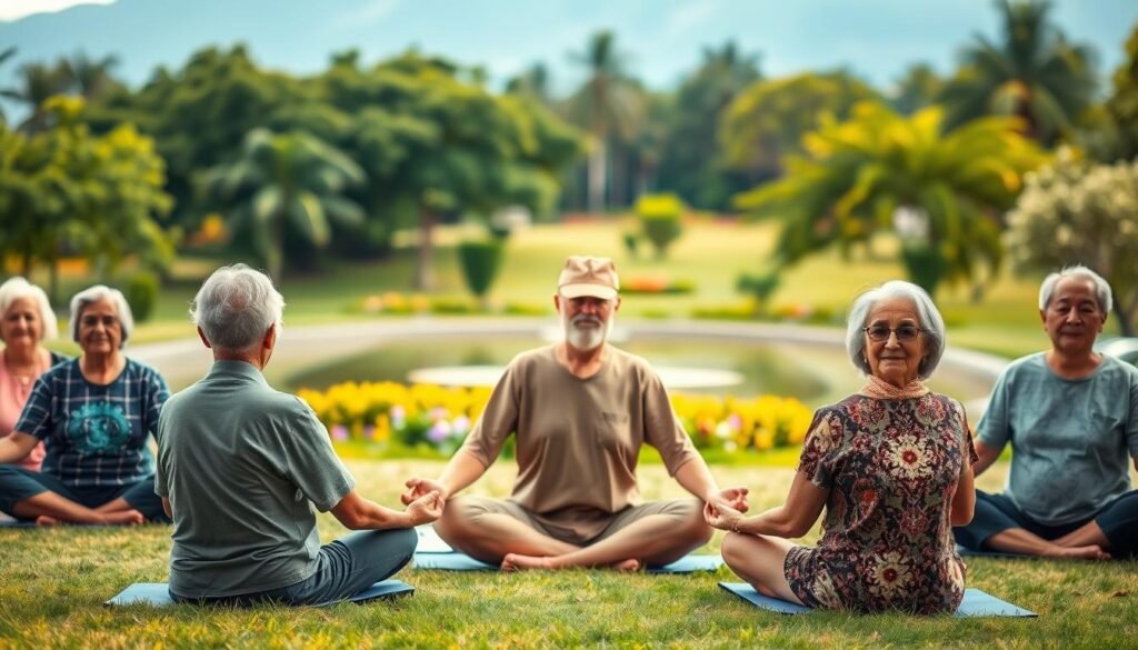 A serene outdoor setting in a tranquil Brazilian landscape, featuring a group of elderly individuals engaged in a mindfulness or yoga practice. The foreground depicts a diverse group of seniors sitting in a peaceful lotus position, their faces exuding a sense of calm and contentment. The middle ground showcases a lush, verdant park or garden setting, with trees, flowers, and a calming water feature. The background is softly blurred, evoking a dreamlike quality and emphasizing the focus on the elderly participants. The lighting is warm and natural, creating a soothing, inviting atmosphere. The overall composition conveys the themes of mental well-being, active aging, and the importance of holistic health programs for the elderly in Brazil.