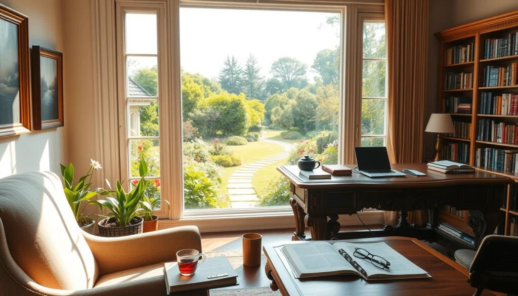 A serene study room with an expansive window overlooking a lush, verdant garden. Soft, natural lighting filters in, casting a warm, contemplative glow. In the foreground, a comfortable armchair and a wooden side table with an open book, a cup of tea, and a pair of reading glasses. On the walls, framed artwork and bookshelves filled with volumes on a variety of intellectual pursuits. In the middle ground, a large, ornate wooden desk with a laptop, notepads, and other writing implements, signifying deep, focused work. The background depicts the tranquil garden, with vibrant flowers, swaying trees, and a winding path, representing the rejuvenating effects of intellectual stimulation and lifelong learning.