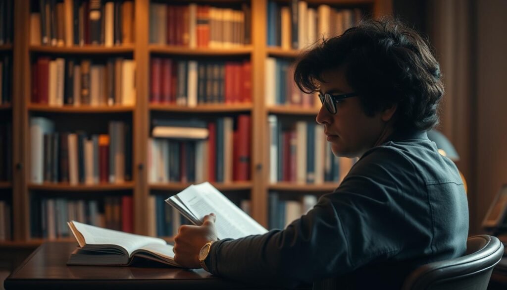A serene study with a well-stocked bookcase in the background, illuminated by warm, diffused lighting. In the foreground, a person seated at a wooden desk, deeply immersed in reading, their face reflecting a pensive, intellectual expression. Soft shadows and highlights accentuate the thoughtful atmosphere. The arrangement suggests a contemplative environment conducive to intellectual stimulation and personal growth. The overall scene conveys the benefits of sustained mental engagement and the pursuit of knowledge.
