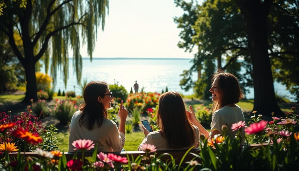 A serene, sun-dappled scene of a group of friends engaged in lively conversation, their faces alight with joy and connection. In the foreground, three figures sit on a park bench, their bodies angled towards each other, hands gesturing expressively. The middle ground reveals a lush, verdant garden, with vibrant flowers and towering trees casting gentle shadows. In the background, a tranquil lake reflects the azure sky, its surface rippling softly. The overall atmosphere conveys a sense of deep, restorative well-being, a testament to the power of social relationships and their positive impact on mental health.