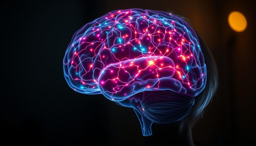 A serene, thoughtful portrait of an older adult's brain, illuminated by the glow of neural pathways. The foreground depicts a cross-section of the brain, with intricate, intertwining pathways of light representing the dynamic connections formed through lifelong bilingual learning. The middle ground showcases a glowing, holographic projection of the brain's cortical regions, each area pulsing with vibrant, distinct hues - a visualization of the brain's adaptability and enhanced cognitive capacity. In the background, a softly-lit, contemplative environment sets the stage, hinting at the profound cognitive benefits of multilingualism in the mature mind. Captured with a high-resolution, macro lens and dramatic chiaroscuro lighting, this image conveys the beauty and complexity of the bilingual brain's developmental journey.