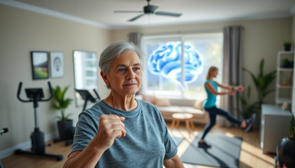 A serene, well-lit home gym setting with a mature adult engaged in a variety of low-impact exercises, such as gentle stretching, light weight training, and balance training. The subject's facial expression conveys a sense of focus and mental engagement. In the background, a visual metaphor for the brain, such as a stylized neural network or a glowing, interconnected landscape, subtly suggests the connection between physical activity and cognitive function. The overall mood is one of calm, thoughtfulness, and the harmonious integration of body and mind.