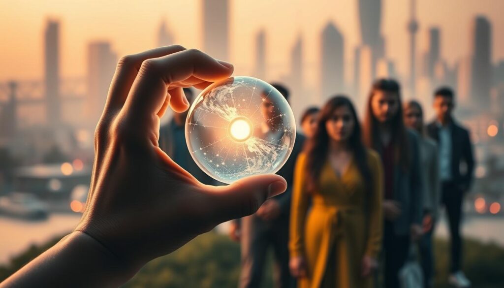 A thought-provoking scene of the ethical challenges posed by technological innovations. In the foreground, a human hand holds a glowing, translucent sphere, symbolizing the power and potential of emerging technologies. The middle ground features a diverse group of people, their expressions a mix of wonder, concern, and contemplation, as they grapple with the implications of these advancements. The background is a blurred, futuristic cityscape, hinting at the rapid pace of change and the far-reaching impact of these innovations. Soft, warm lighting casts an introspective mood, inviting the viewer to ponder the delicate balance between progress and ethics. A visually striking and conceptually rich depiction of the ethical challenges in technological innovation.