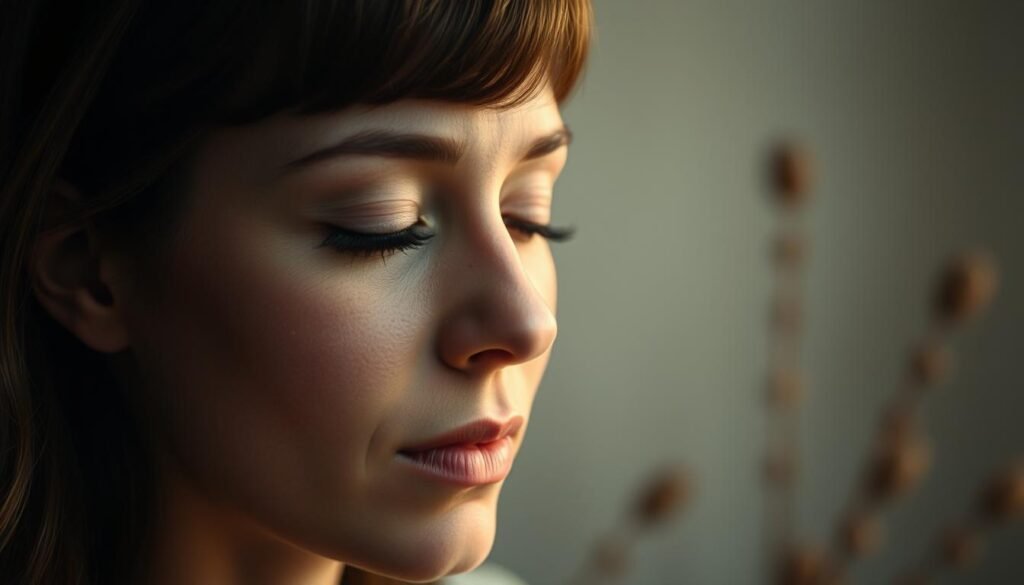 A thoughtful woman, her eyes closed in contemplation, gently radiating a sense of empathy and emotional connection. Her face is illuminated by a soft, warm light, casting a serene glow. The background is blurred, with muted tones and hints of nature, creating a sense of tranquility and introspection. The composition emphasizes the subject's introspective focus, inviting the viewer to share in the experience of self-awareness and its impact on interpersonal relationships.