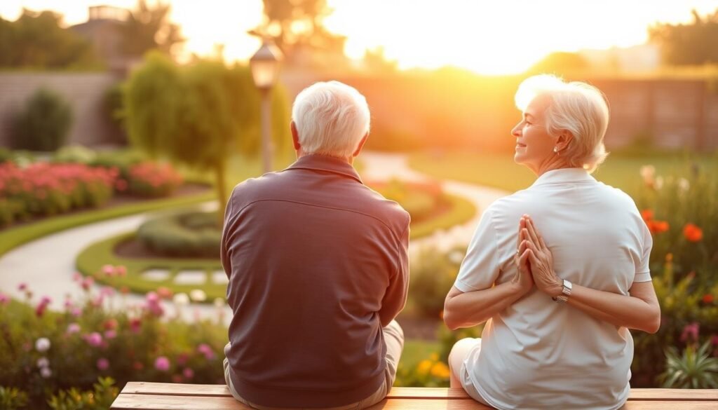A tranquil senior couple enjoying a peaceful afternoon, their bodies and minds in perfect harmony. In the foreground, they sit on a wooden bench, eyes closed, hands clasped, exuding a sense of deep contentment. The middle ground features a lush, verdant garden, with vibrant flowers and a meandering path inviting exploration. In the background, a warm, golden-hued sunset casts a serene glow, adding to the atmosphere of mindful well-being. Soft, diffused lighting creates a calming, introspective mood, as if time has slowed to allow the couple to fully savor the present moment.