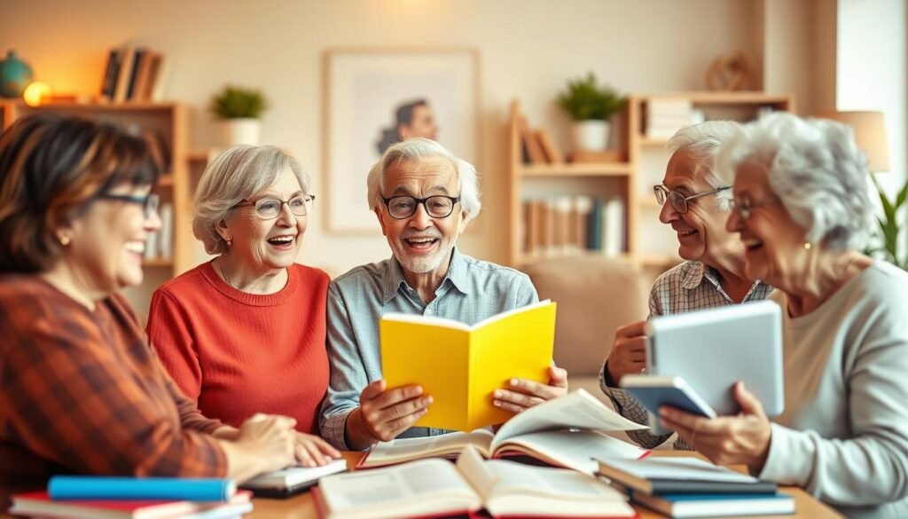 A vibrant and engaging scene depicting the benefits of language learning for individuals over 50 years old. In the foreground, a group of smiling, animated seniors engaged in a lively conversation, their faces radiating a sense of accomplishment and cognitive vitality. The middle ground showcases an array of educational materials, such as language textbooks, dictionaries, and digital devices, symbolizing the tools and resources utilized in the learning process. The background features a warm, softly-lit interior, with bookshelves and accents that evoke a cozy, intellectual atmosphere. The overall composition conveys a sense of personal growth, social connection, and mental stimulation, reflecting the transformative power of language acquisition in the later stages of life.