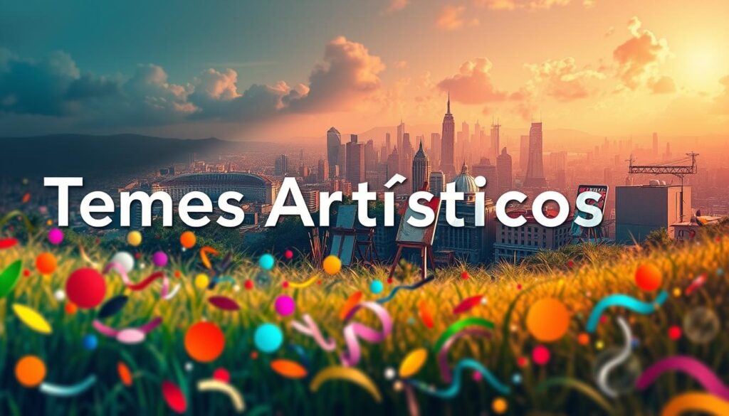 A vibrant, artistic landscape depicting "Temas Artísticos". In the foreground, a lively palette of colors and abstract shapes dance across the canvas, representing the diverse artistic themes and mediums. The middle ground features a collection of iconic artistic tools and instruments, such as paintbrushes, easels, and sketchpads, hinting at the creative process. In the background, a dreamlike, ethereal cityscape unfolds, its buildings and structures infused with a sense of artistic flair and imagination. Warm, directional lighting from the left casts dramatic shadows, adding depth and a sense of artistic tension to the scene. The overall mood is one of creative energy, inspiration, and the boundless potential of artistic expression.