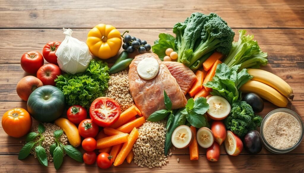A vibrant, balanced meal on a wooden table, showcasing a variety of fresh, colorful ingredients - juicy fruits, crisp vegetables, whole grains, and lean protein. Soft, natural lighting illuminates the scene, casting gentle shadows and highlighting the textures and colors. The composition is visually appealing, with elements arranged in a harmonious, appetizing layout. An atmosphere of health, vitality, and productivity pervades the image, inspiring a sense of nourishment and well-being. The image reflects the principles of a balanced diet and its potential to enhance productivity and longevity.